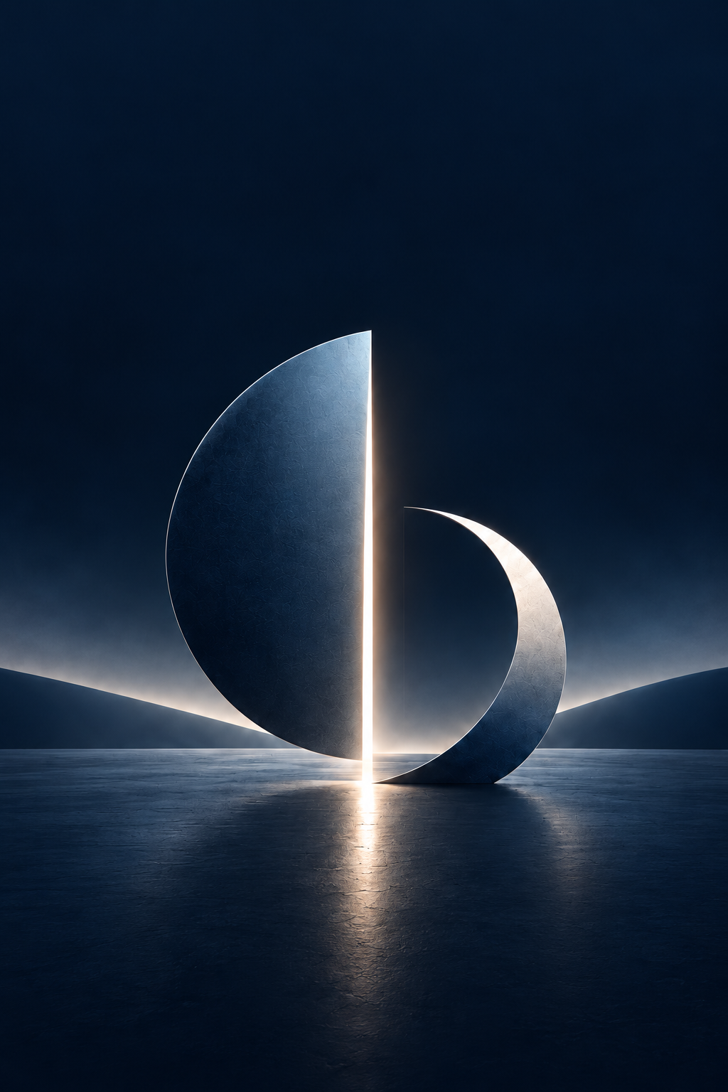 Escultura do portal LIMIAR: duas formas minerais em azul profundo separadas por uma fresta vertical de luz, refletida no piso.
